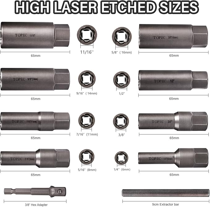 Topec 10-Piece Spiral Type Deep Bolt Extractor Set, Spark Plug Extraction Socket Set, Stripped Lug Nut Remover for Removing Broken, Damaged, Frozen, Rusted, or Rounded-Off Bolts, Nuts, Screws, Studs