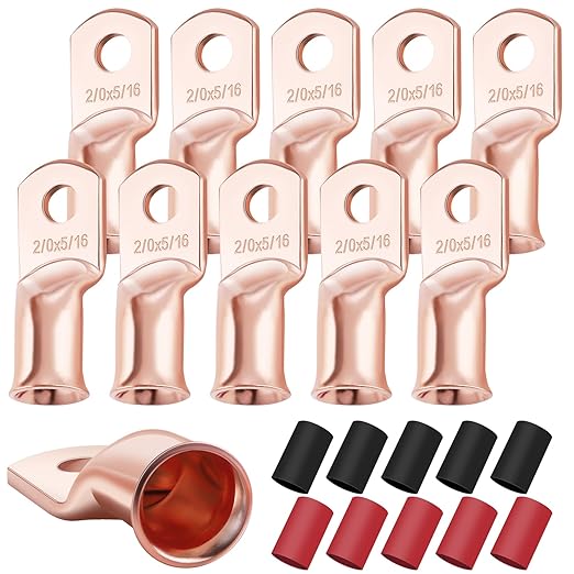 XHF 10PCS 2/0 AWG-5/16 Heavy Duty Battery Lugs With 3:1 Heat Shrink Tubing, Ring Terminals Cable Ends Copper Eyelets Electrical Connectors