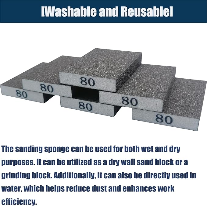 6 PCS 80 Grit Hand Sanding Blocks Set - Medium Sander Sponge, Wet and Dry Dual-use Sanding Sponges, Washable and Reusable, Ideal for Wood Metal Wall Polish