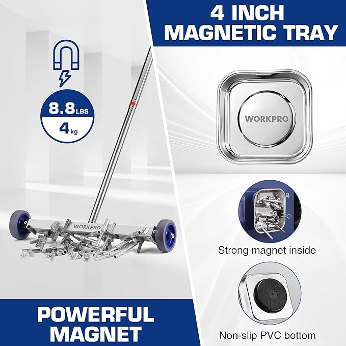 WORKPRO Magnetic Pickup Tool, 17" Magnetic Sweeper with Telescoping Adjustable Handle, 8.8 LBS Magnetic Capacity, Heavy Duty Nail Pickup Tool for Yard, Garage & Workshop Cleanup