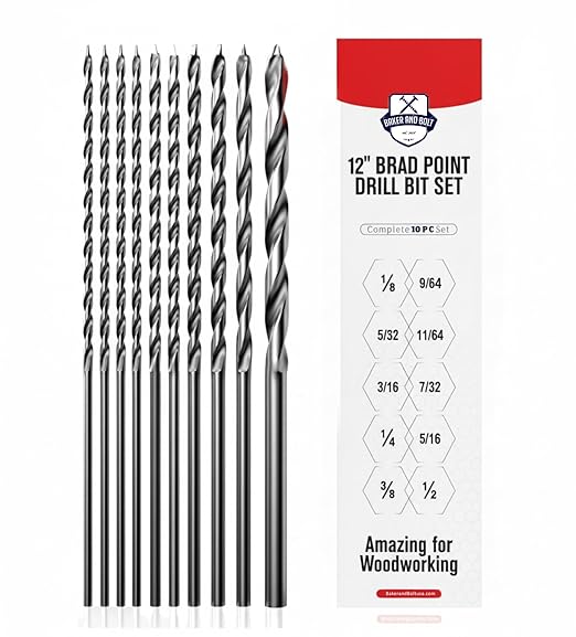 Baker and Bolt Extra Long 12" Brad Point Drill Bit Set for Wood High-Speed Steel Wood Drill Bits Set Titanium Coated Pack of 10 with Storage Sleeve (10 Pcs Brad Point 12" Long 1/8"-1/2")