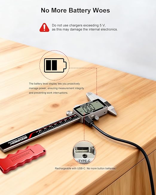 Digital Caliper, 6 Inch Rechargeable & Power Indicator Caliper Measuring Tool - 0.01mm Accuracy, Large LCD Vernier Calipers - IP54 & Stainless Steel, MM/Inch/F for Metal & Wood Working, 3D Printing