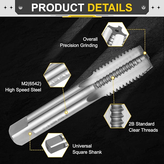uxcell Hand Plug Tap 1"-8 BSW 2B Thread Plug Style Taps Straight Flute Screw Tapping Threading Tool High Speed Steel HSS6542