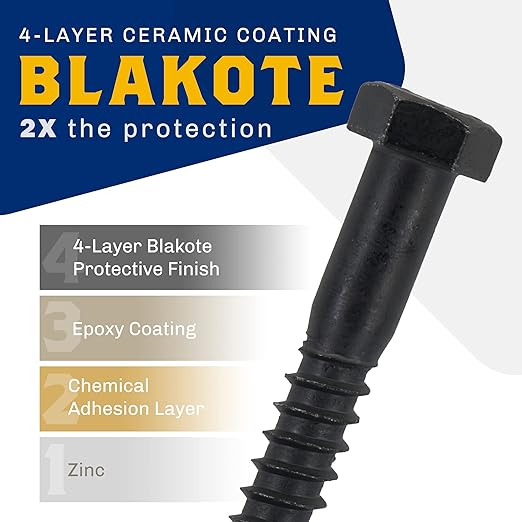 1/2" x 6?? 25-Piece Black Lag Bolts, Rustproof 4-Layer Ceramic BLAKOTE, 2X Protection of Galvanized Lag Screws, for Decks Pergolas by Makers Bolt