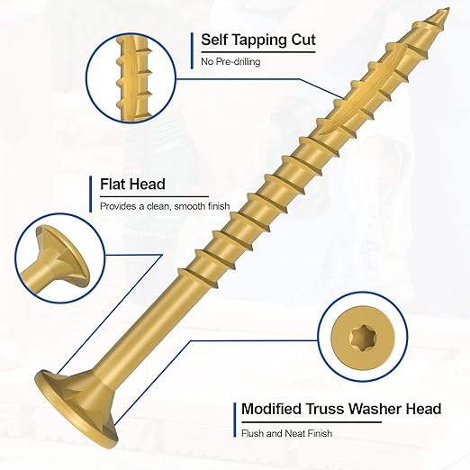 #8 x 2” Deck Screws, 500Pcs Star Drive Wood Screws, Rust Resistant Timber Screws for Timber/Log/Landscaping Wood, T20 Star Bit Included, Yellow
