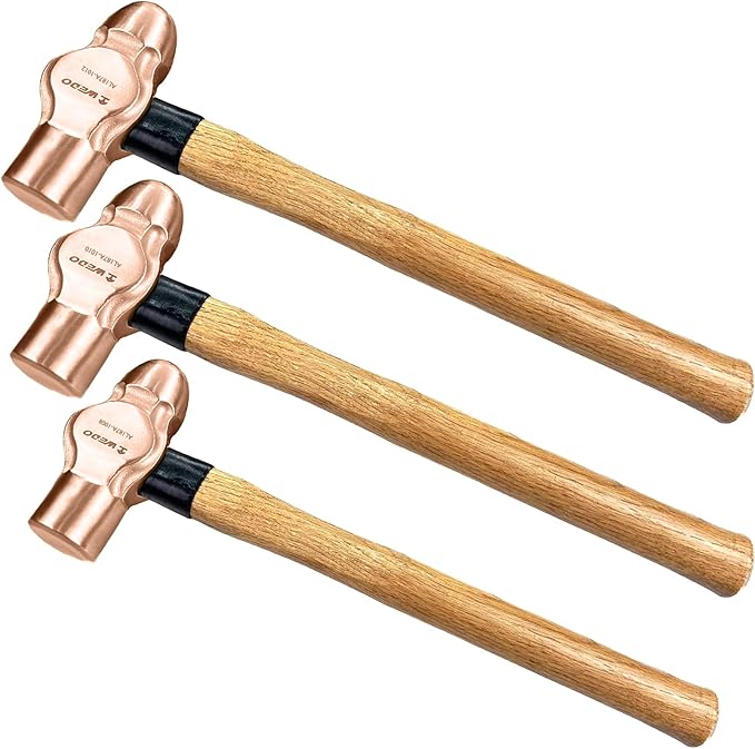 WEDO 3PCS Ball Pein Hammer,3/2lb+2lb+5/2lb Non-Sparking Ball Peen Hammer with Wooden Handle, Beryllium Copper,Non-Magnetic,Die-forged,Corrosion Resistant,BAM & FM Certificate,DIN Standard