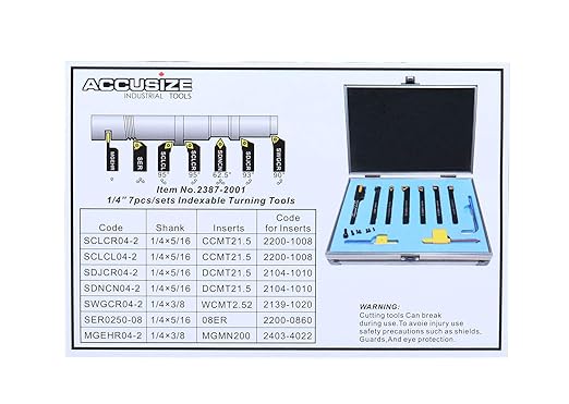 Accusize Industrial Tools 7 Pieces/Set 1/4'' Indexable Carbide Turning Tool Set with 10 Extra Carbide Inserts and 1 pc 6'' Rigid Steel Ruler in Fitted Box