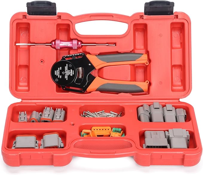 iCrimp Deutsch Crimp Tool Kit, Closed Barrel Crimper 4 Way Indent, 8 Impression Deutsch Crimper for Solid Contacts Gage 14,16&18 with 105PCS DT Connector Kit for Automotive Electrical