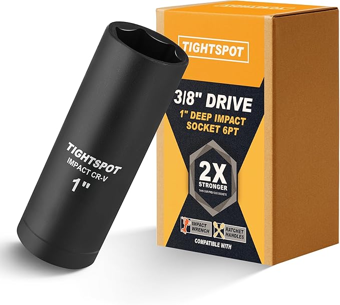 TIGHTSPOT 3/8 Inch Drive 1Inch Deep Impact Socket with Anti-Rounding 6 Point Design, Heat-Treated CRV Steel