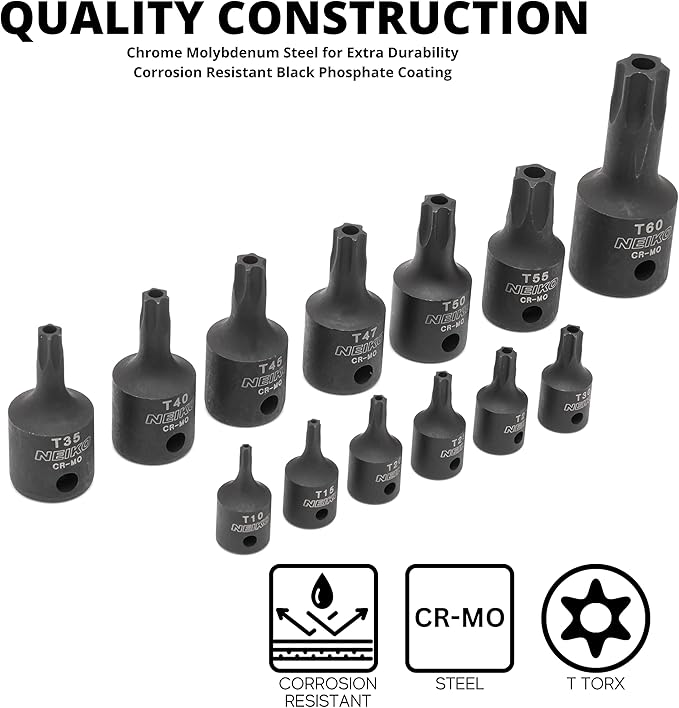NEIKO 10282B 13 Piece Security Torx Socket Bit Set, 6 Point Heavy Duty Tamperproof Impact Grade Star Bit Set Torx, Safety Torx Bit Set, Tamper Proof Torx Bit Set, Torx Tool Set, Torx Socket Set