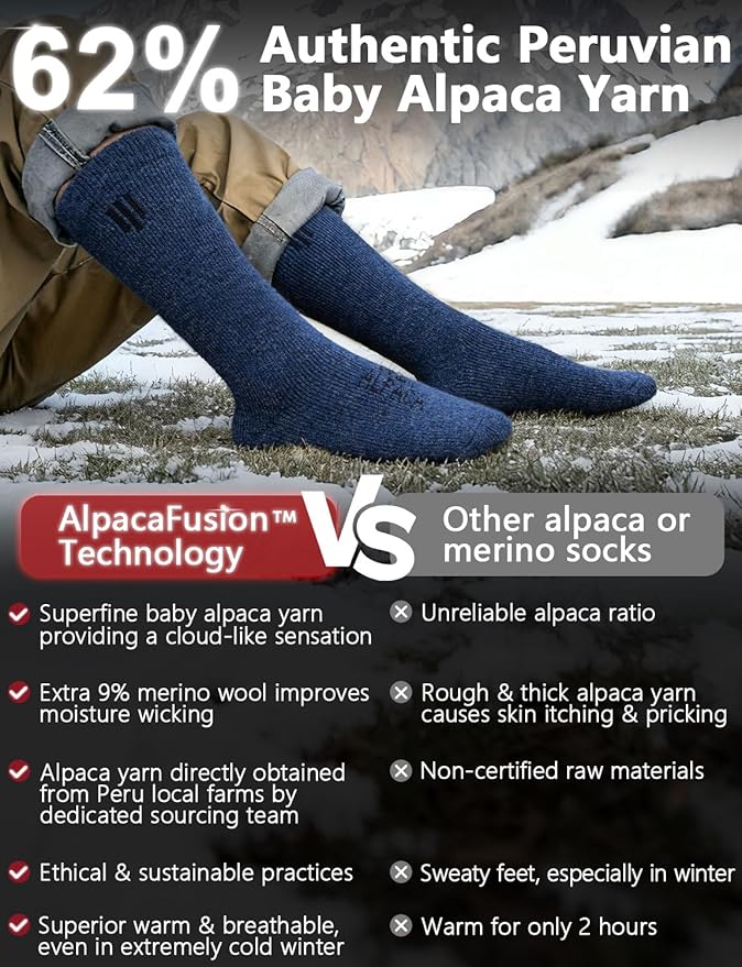Alpaca Wool Boot Socks Men and Women, Heavyweight Thick Thermal Socks Cold Weather Hunting Hiking, Moisture Wicking