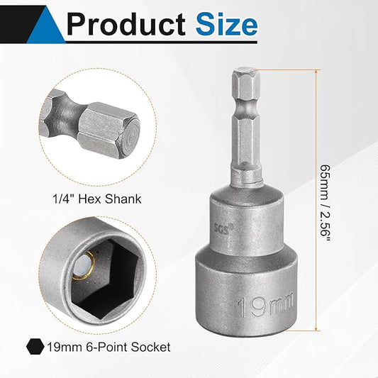 HARFINGTON 2pcs Nut Driver Drill Bit 19mm Metric Socket 1/4" Hex Shank 2.56" (65mm) Long Magnetic 6-Point Sockets Quick Change CR-V Steel Bolt Setters for Power Drill Drivers