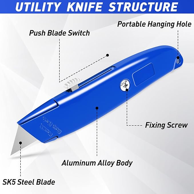 DIYSELF 4 Pack Box Cutter, Utility Knife, with 10 Extra SK5 Blades, Aluminum Shell Box Cutter Retractable for Papers, Cardboard, and Cartons, Razor Knife, Pipe Cutter(Red, Blue, Yellow, Black)