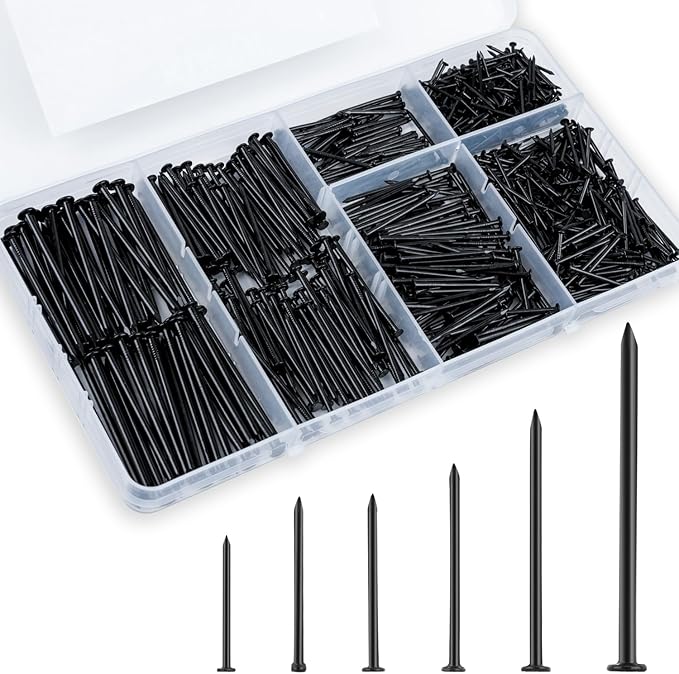 KURUI Black Nails for Hanging Wall Decor Tapestry Pictures Frame,700pc Picture Hangers for Bedroom Bathroom Office, 6 Sizes Small Finish Nails Assortment Kit,640 Frame Nails and 60 Finishing Nails