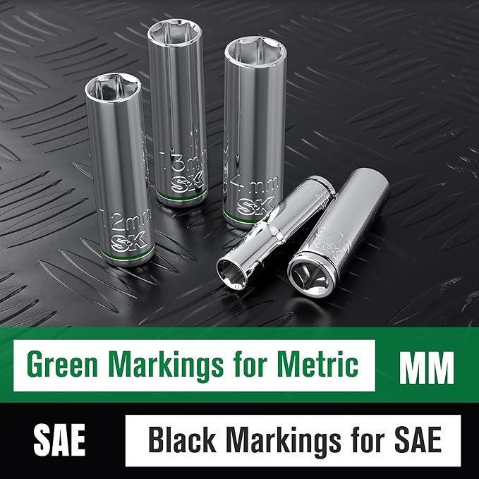 SK 1/4" Drive Socket Set, Deep SAE Sockets, 10-Piece 3/16" to 9/16 ", SuperKrome Finish, Premium CR-V Construction, with Aluminum Socket Organizer