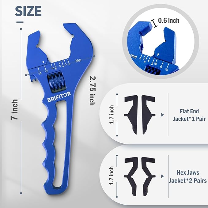 BRIFITOR Non Marring AN Fittings Wrench Adjustable Aluminum AN Wrench For 3AN-16AN Hose End Fittings With Replaceable Hex Type & Flat Type Jaw Protectors, Blue.