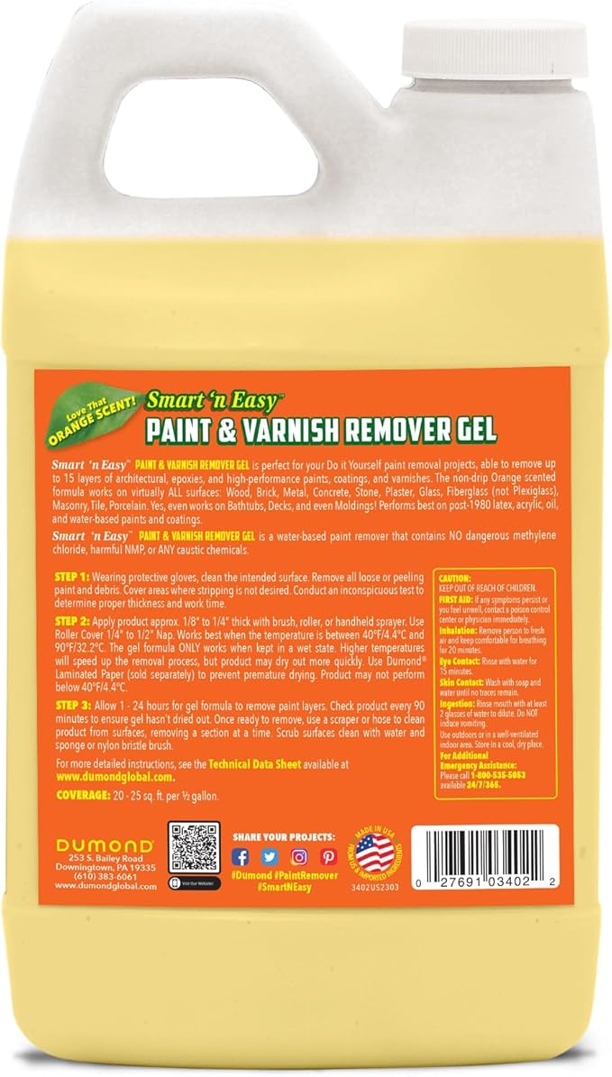 Smart 'n Easy Paint & Varnish Remover Gel - Do It Yourself Friendly Paint Remover - Strips Multiple Layers of Acrylic, Latex, Oil & Water-Based Paints & Varnishes - Orange Citrus Scent - 1/2 Gallon