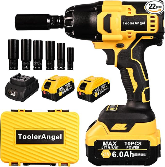 1/2 inch Impact Wrench Cordless, (1000 N.m) 737 Ft-lbs Hight Torque Wrench,20V Power Impact Driver, Brushless Motor 3300 RPM, 2x 6.0AH Li-ion Battery,Charger,6 Sockets