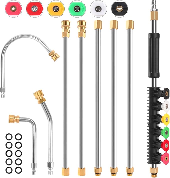 Gutter Cleaning Tools From the Ground, 9 Pack 8 FT Pressure Washer Extension Wand, Power Washer Lance With 6 Pressure Washer Spray Nozzle Tips, 30째, 90째, 120째 Gutter Cleaner Curved Rod, 4000 PSI