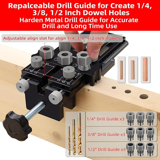 Dowel Jig Kit with Quick Positive Stop and Clamp, Adjustable Doweling Jig for Drill 1/4, 3/8 and 1/2 Inch Accurate Straight Dowel Holes, Fit Any Thickness Wood Joints, for Cabinet, Furniture