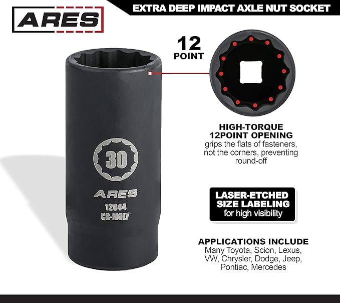 ARES 12044-30MM Axle Nut Socket - 12 Point Socket - Extra Deep 1/2-Inch Drive Impact Socket for Easy Removal of Axle Shaft Nuts