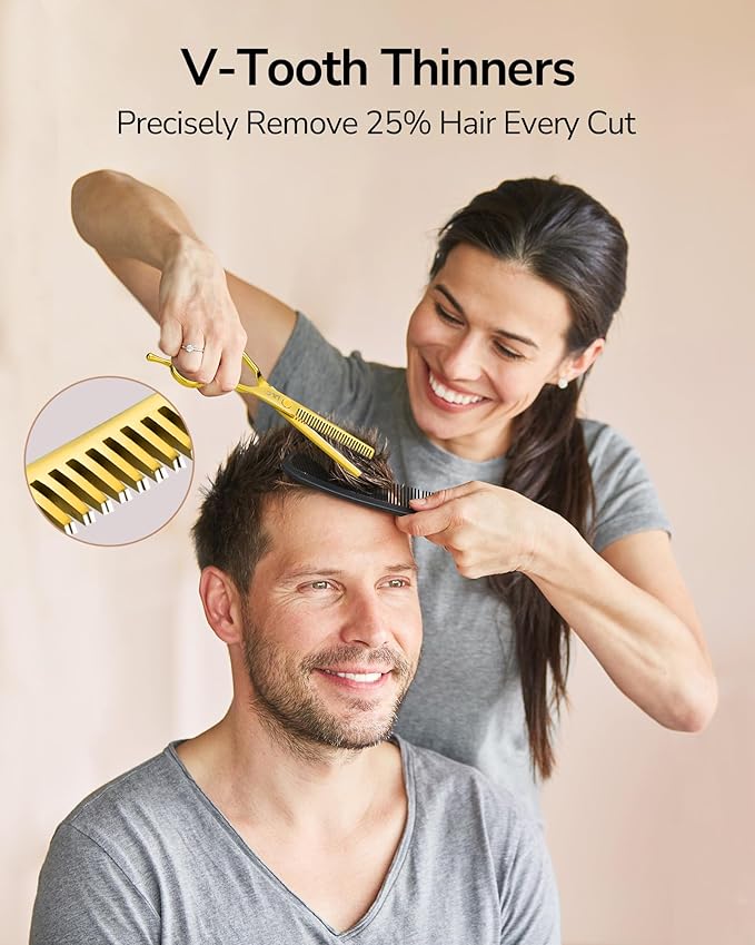 ULG Professional Hair Cutting Scissors Set ??6.5??Japanese Stainless Steel Barber Shears & Thinning Scissors with Comb, Clips & Case ??at-Home Salon Haircut Kit Gold