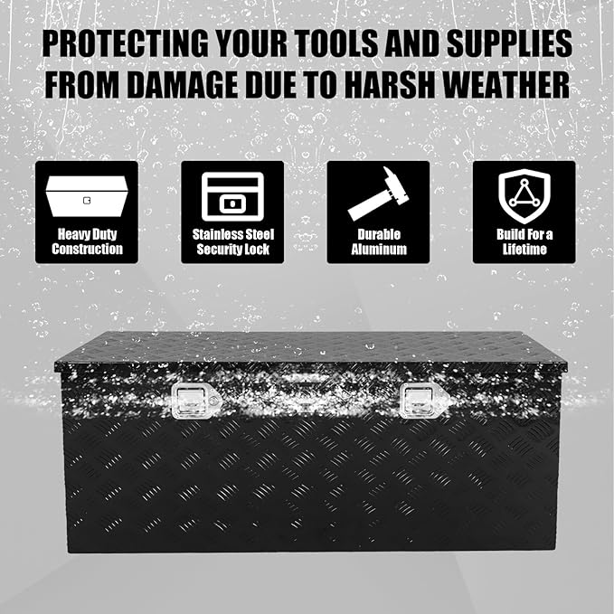 confote 44 Inch Heavy Duty Aluminum Stripes Plated Tool Box Pick Up Truck Bed RV Trailer Toolbox Waterproof Square Storage Organizer with Side Handle, Lock and Keys -44"x 19.5"x 17.5"竊똁lack