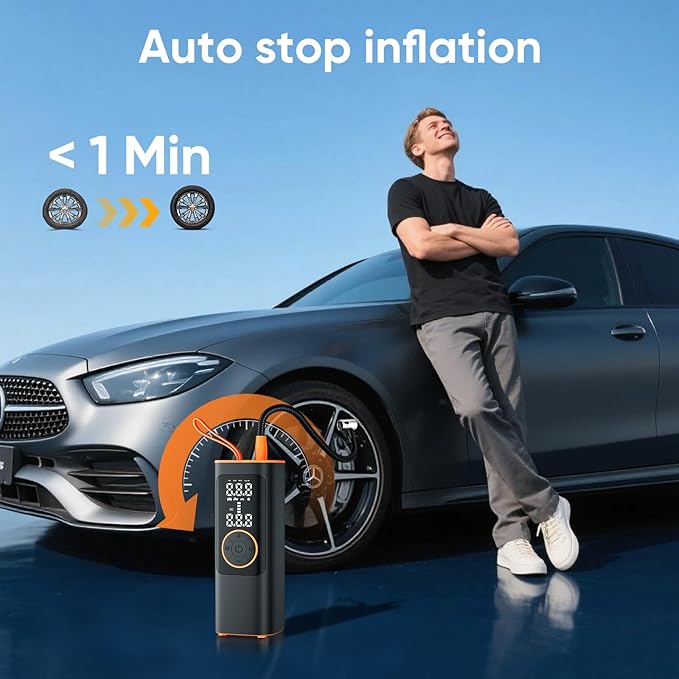 Tire Inflator Portable Air Compressor, 150PSI Cordless & 12V DC Dual Power Tire Pump for Car Tires,Bike,Motorcycle, 8000mAh Battery, Digital Pressure Gauge, Auto Shut-Off & Emergency LED Light