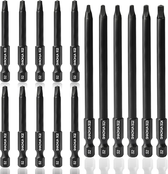 16PCS Magnetic Screwdriver Bits, 6PCS SQ0/1/2/3/4 Square Drive Bits(3.93Inch) and 10PCS SQ2 Square Screwdriver Bit (2.36Inch), 1/4 Hex-Shank Pocket Hole Screw Drill Bit, S2 Steel Long Screwdriver Bits
