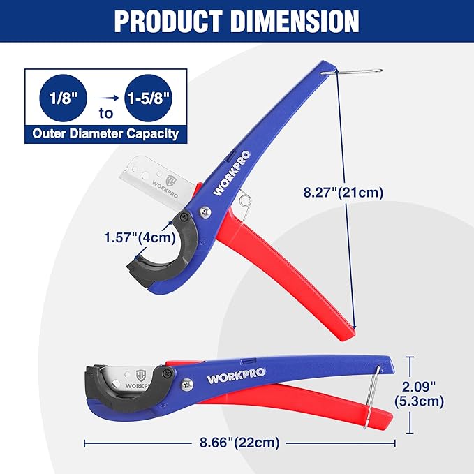 WORKPRO PEX Cutter, Hose Cutter with 1/8"-1-5/8" Cutting Capacity, specific angle(30째, 45째) for cutting rectangular cord cover, Tubing Cutter for PPR, PE, PP, Suitable for Home and Plumbing Repairs