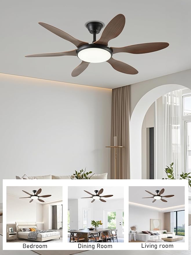 51 Inch Ceiling Fans with Lights, Downrod Ceiling Fan with Light and Remote, 3CCT, LED Dimmable, Reversible DC Motor, Quiet Brown Ceiling Fans for Bedroom, Living Room, Kitchen, Outdoor Patios