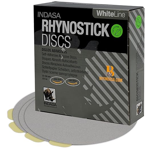 Indasa 6" 100 PCS PSA Sanding Discs ??Rhynostick 360 Grit / 100 Discs ??Self-Adhesive Sticky-Back Sandpaper for DA Sander, Automotive, Wood, Metal, Paint, whiteline