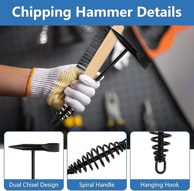4 Pack Welding Chipping Hammer and Wire Brush Set – 11" Hammer with Coil Spring Handle, Cone and Vertical Chisel and 9.8" Stainless Steel Brush for Slag, Spatter, Residue Removal