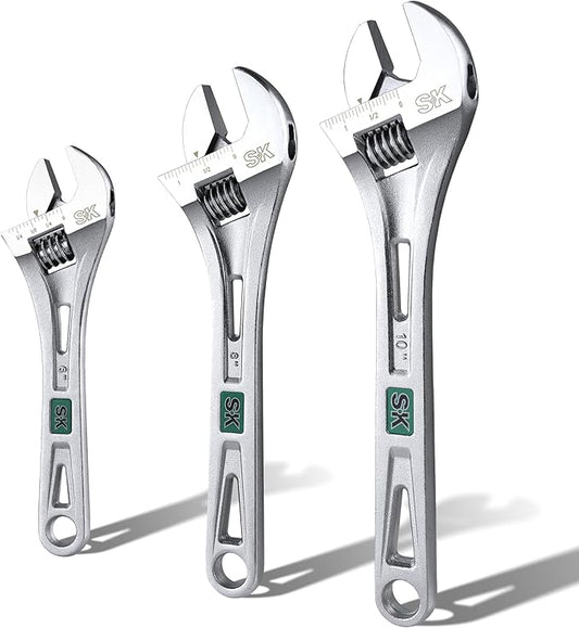 SK 3-Piece Adjustable Wrench Set, 6-Inch, 8-Inch, 10-Inch, Cr-V Steel, SAE & Metric Scales