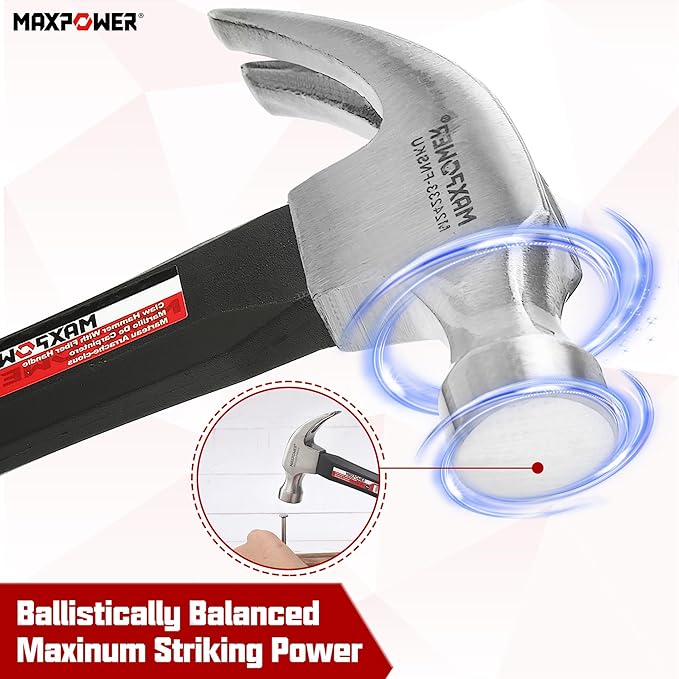 MAXPOWER Hammer Set, 8oz & 20oz Claw Hammers, Polished Alloy Steel Hammer-Head & Fiberglass Handle with Rubber Grip