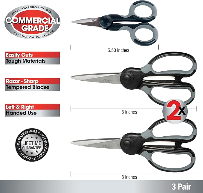 Titan Heavy Duty Scissors Set of 3 Commercial Grade Stainless Steel Shears for Office Crafting Sewing and Home Use All Purpose Scissors with Comfortable Grip for Everyday Cutting 8 and 5.5