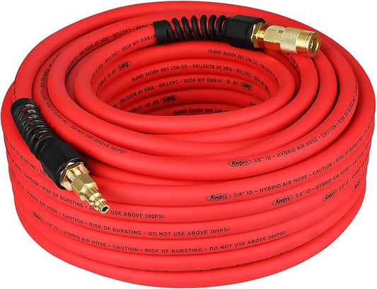 Keepro Hybrid Air Hose, Flexible 3/8 Inch ID x 100 Feet Long Air Compressor Hose with Repairable Solid Brass 1/4" Industrial Quick Coupler and Plug, 300 PSI Maximum Pressure, Red