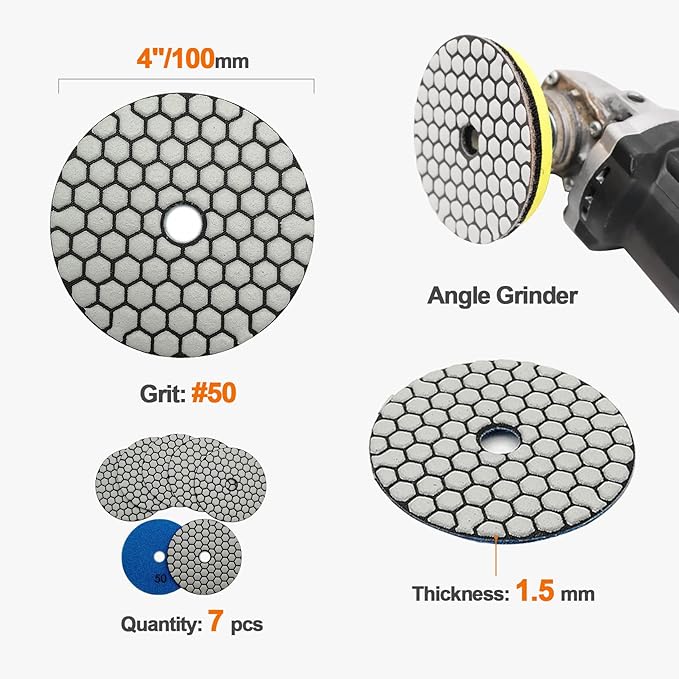 Dry Diamond Polishing Pad Set,7pcs 4 inch #50 for Stone Marble Quartz Granite Sanding Disc Countertop Polish Polisher Pads Kit Tools used on Grinder or Polisher