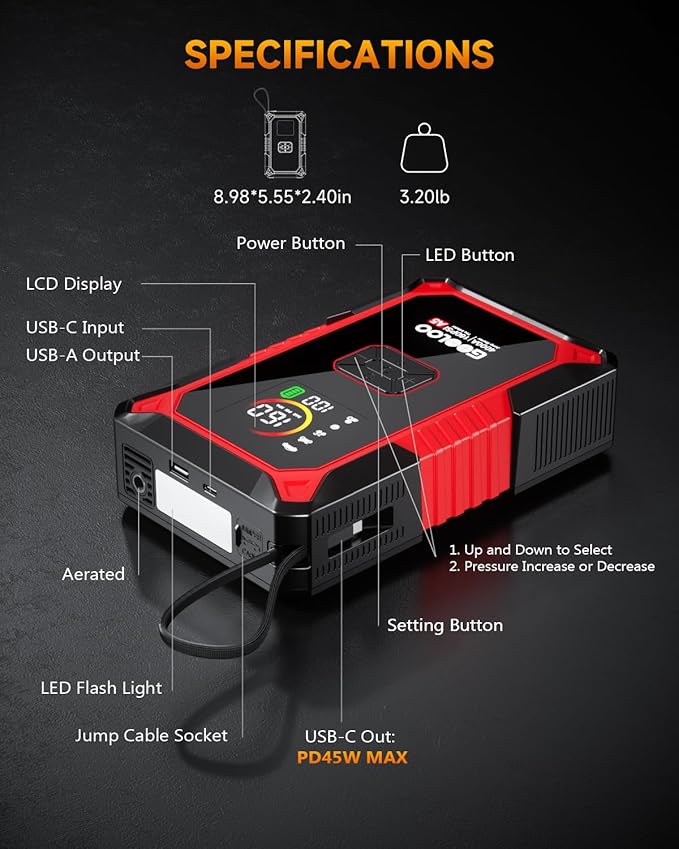 GOOLOO A5 Jump Starter with Air Compressor, 4000A Car Battery Jump Starter (All Gas/10.0L Diesel) with 160PSI Tire Inflator Auto-Off, 45W Output Power Bank, 12V Jump Box Car Jumper Starter Portable