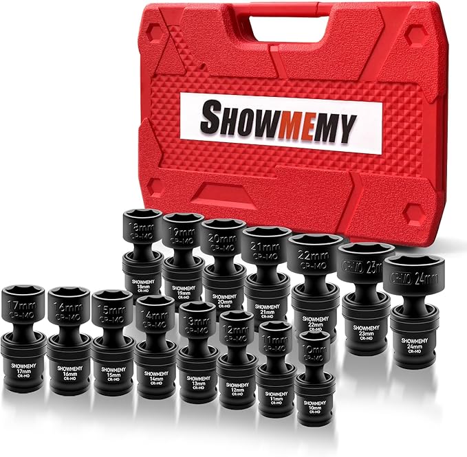 Drive Impact Universal Joint Socket Set, 6 Points, Shallow Swivel Socket Set, Cr-Mo Steel. Heavy Duty Storage Case (Metric 1/2", Metric 1/2")