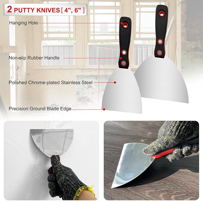Drywall Hand Tool Kit, 7 Pcs Stainless Steel Drywall Knife Set with Soft Handle, Includes Putty Knife, Taping Knife, Painter Scraper Tool & 13" Mud Pan for Joint Taping, Finishing, Patching