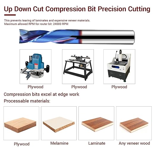 Long-Lasting Sharp 1/4 Compression Router Bit - K30 Premium Carbide CNC Spiral Bit, 1/4" Shank 1 1/4 Cut Length, 3 Inch OVL for Plywood, Laminate, MDF, Melamine & Veneered Wood by YFTOOL