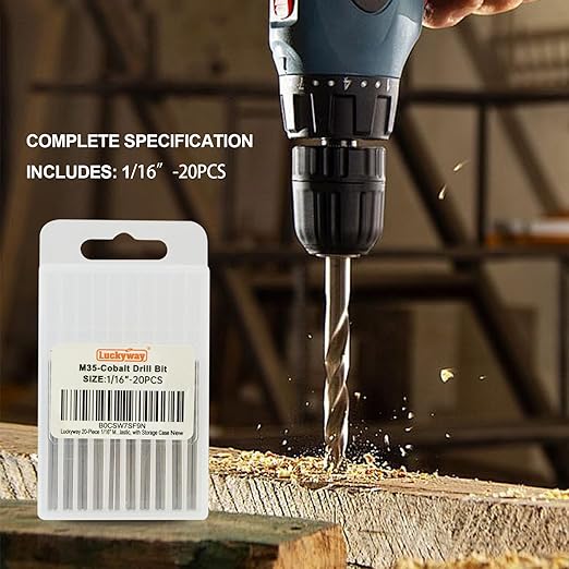 Luckyway 1/16" Cobalt Drill Bit (20 Pcs), Jobber Length Twist Drill Bit Set for Hard Metal, Stainless Steel, Cast Iron, Wood and Plastic, with Storage Case