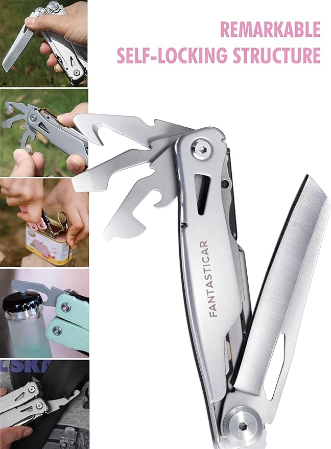 FantastiCAR 14 in 1 Multitool Pliers, Versatile Pocket Knife with Scissors, Knife Blade, Screwdriver, Bottle Opener, and Ideal for House or Camping Essentials, Holiday Gift Packaged (Pink)