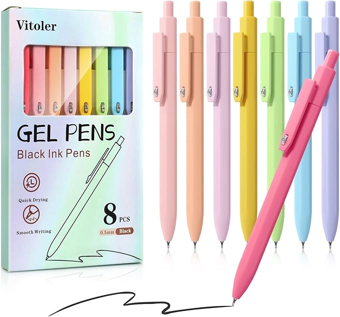 Vitoler Pens,8 pcs Black Ink Gel Pens,0.5mm Fine Point Pen Smooth Writing,Cute Pen for Office School Teacher Supplies,Stocking Stuffers for Teen Girls