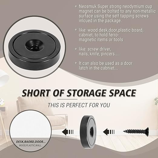 Neosmuk Magnets with Screws,60lbs+ Heavy Duty Rare Earth Neodymium Mounting Magnets with Holes,Countersunk Round Disc Industrial Magnets for Wall Mounting,4 Pack,Black