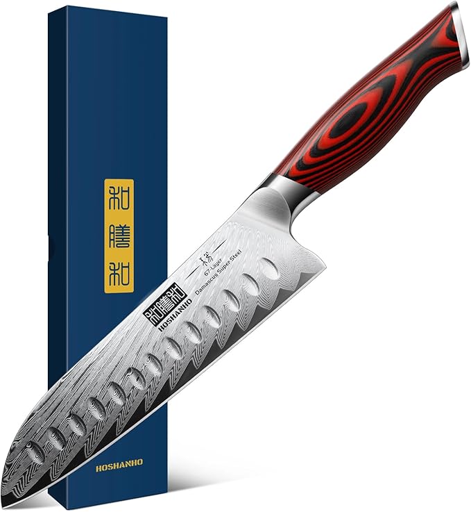 HOSHANHO Damascus Santoku Knife, 7 Inch Professiona Kitchen Knife, Damascus Super Steel Ultra-Sharp Santoku Chef Knife with Ergonomic G10 Handle