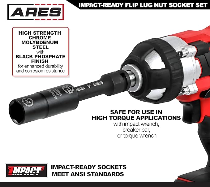 ARES 59065-6pc Half Size Lug Nut Flip Impact Socket Set - 1/2-Inch Drive ??Removes Bloated/Damaged Chrome Capped Lug Nuts ??Flip Sockets - Includes 5-Inch Extension and Knockout Bar