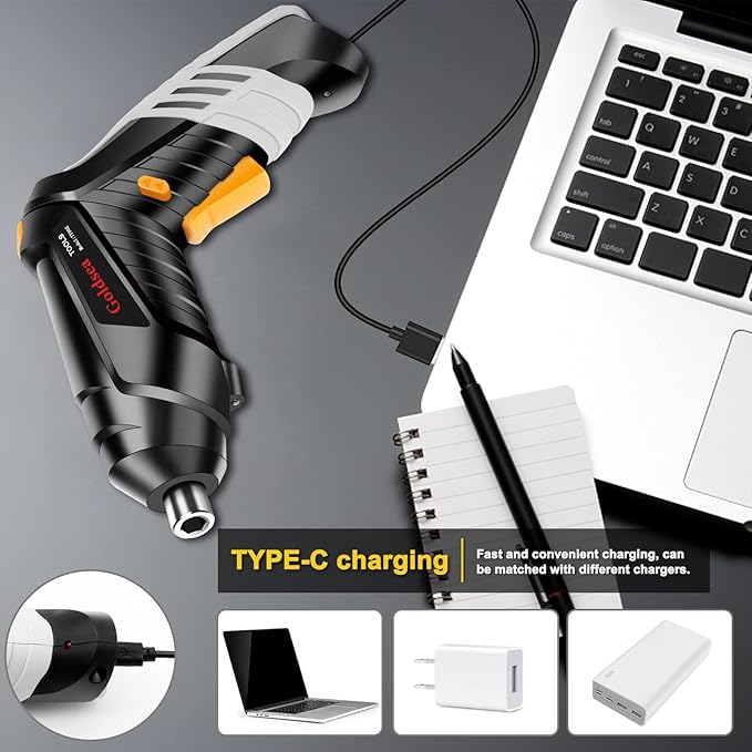 Electric Screwdriver Goldsea 4.2V Cordless Screwdriver 3.5N.m 1500mAh Type-C Charging 10pcs Screwdriver Bits 1/4??Hex Chuck 90째/180째 deformation handle Forward and reverse adjustment LED Light