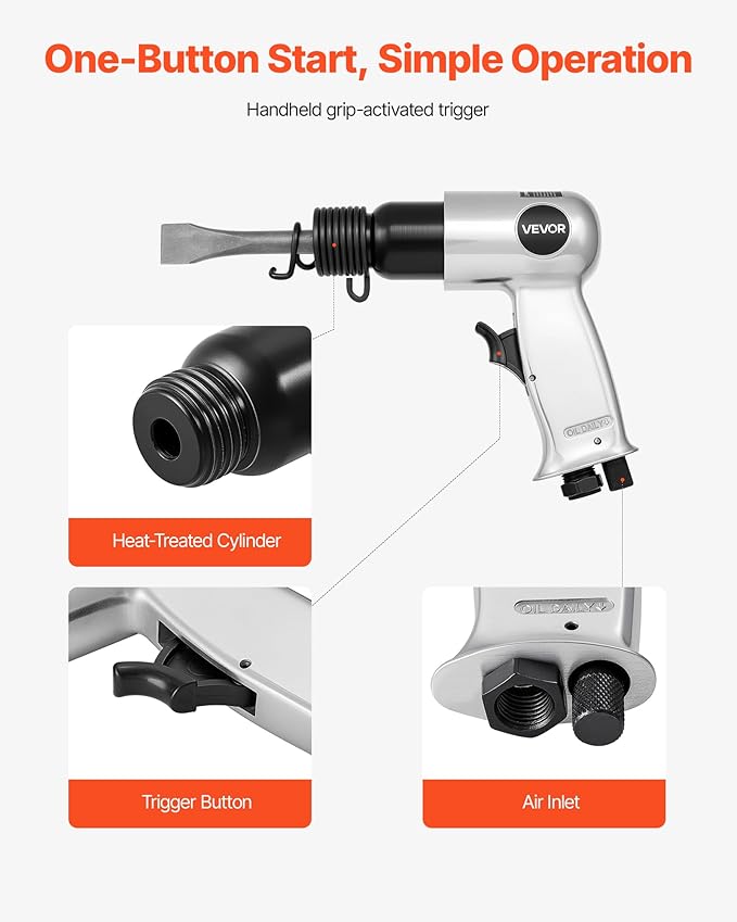 VEVOR Air Hammer, 4500BPM Pneumatic Hammer with 1.57-inch Stroke & 4PCS Chisels Round Shank, Lightweight & Compact Air Chisel Pneumatic Shovel Tool for Cutting Punching Scraping